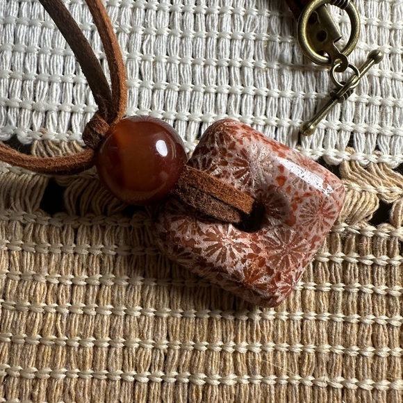 B.Rising Jewelry - Coral Fossil Square Donut Pendant on Brown Two Tone Faux Leather Double Cord
